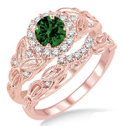 1.25 Carat Emerald Vintage floral Bridal Set Engagement Ring on 10k Rose Gold