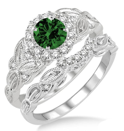 1.25 Carat Emerald Vintage floral Bridal Set Engagement Ring on 10k White Gold