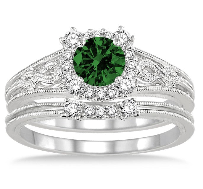 1.25 Carat Emerald Vintage halo floral Bridal Set Engagement Ring on 10k White Gold