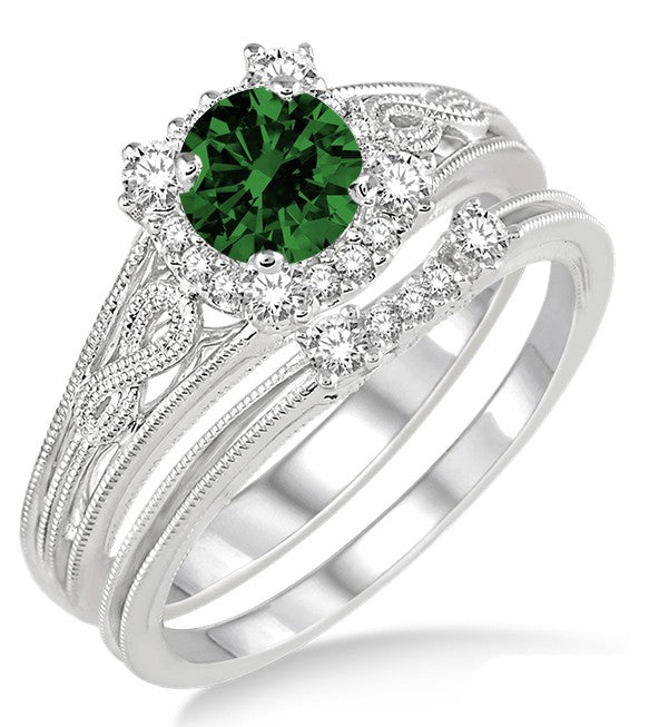 1.25 Carat Emerald Vintage halo floral Bridal Set Engagement Ring on 10k White Gold
