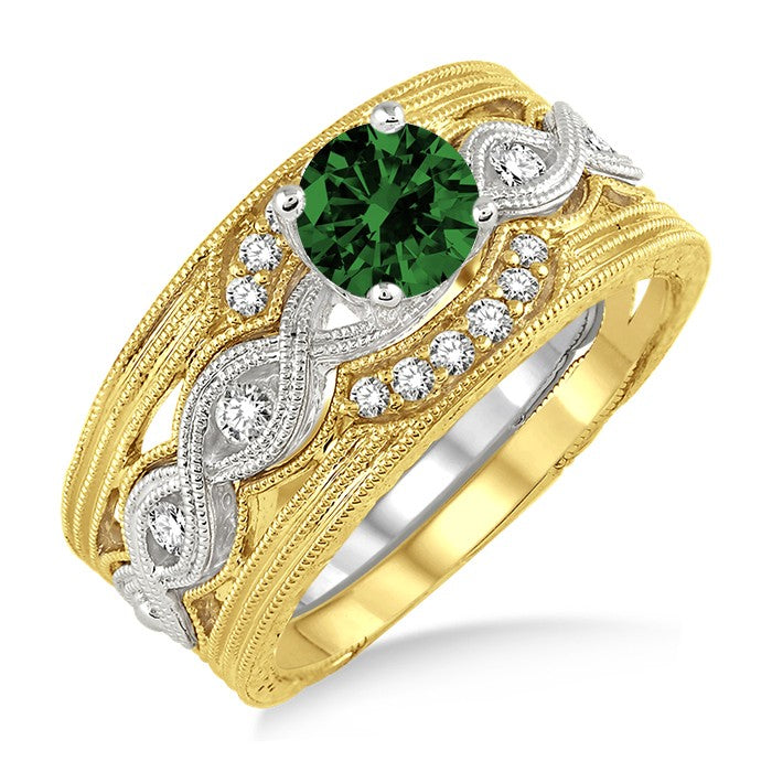 1.25 Carat Emerald Vintage Trio Bridal Set Engagement Ring on 10k White Gold
