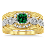 1.25 Carat Emerald Vintage Trio Bridal Set Engagement Ring on 10k White Gold