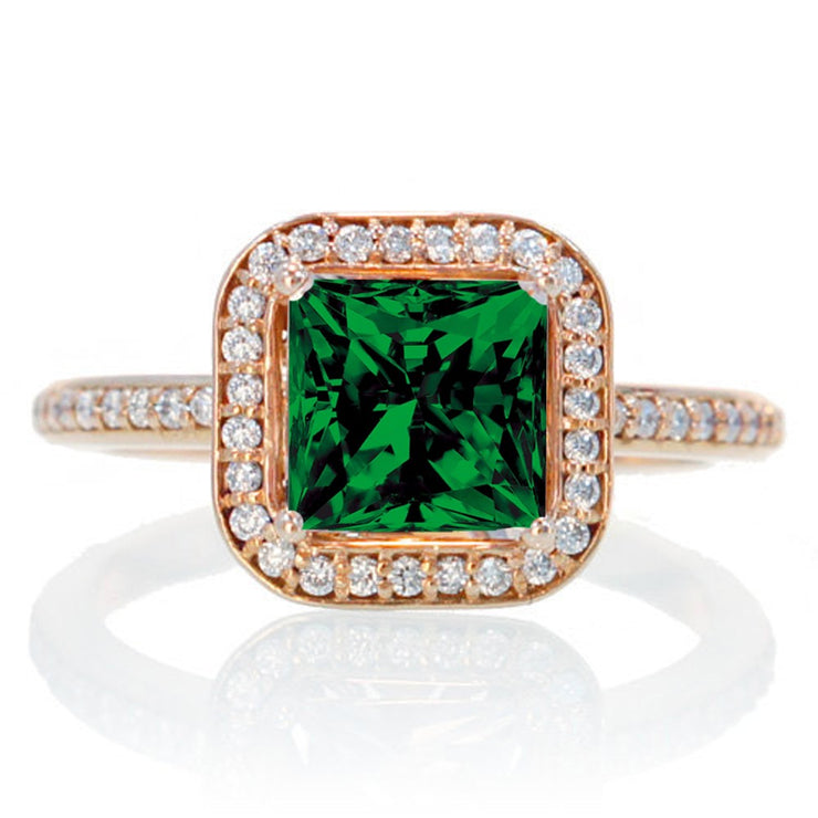 2.25 Carat Perfect Princess cut Emerald and Moissanite Diamond Trio Halo Wedding Ring Set on 10k White Gold