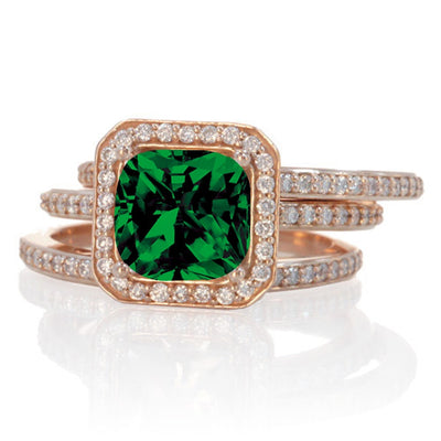 2.25 Carat Perfect Princess cut Emerald and Moissanite Diamond Trio Halo Wedding Ring Set on 10k White Gold