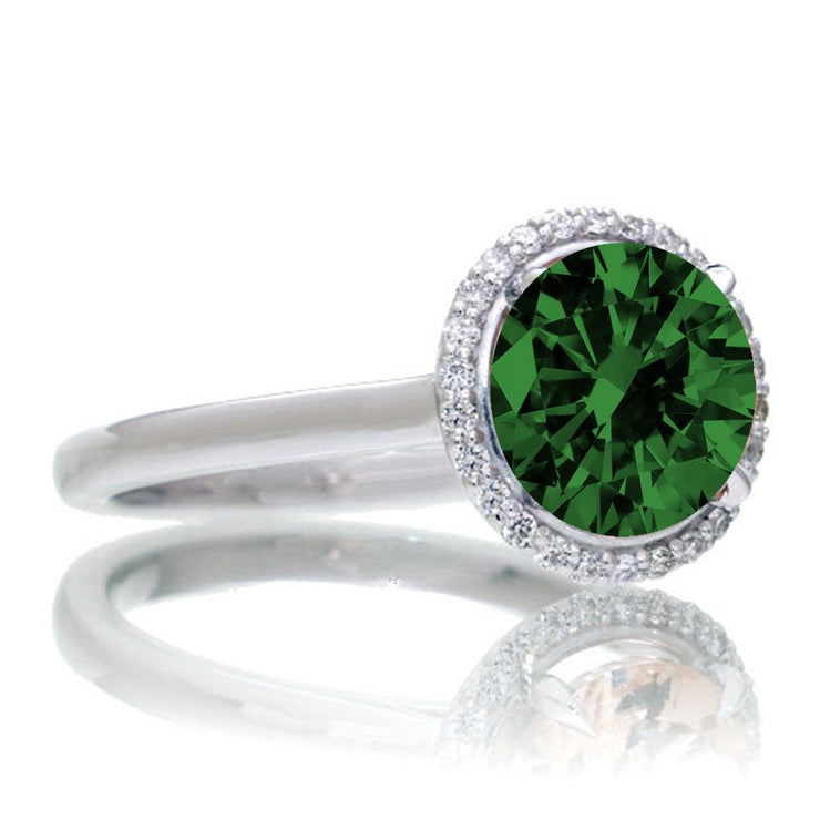 1.25 Carat Round Cut Classic Halo Emerald and Moissanite Diamond Engagement Ring on 10k White Gold