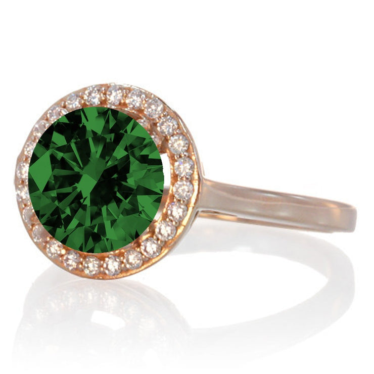 1.25 Carat Round Halo Classic Moissanite Diamond and Emerald Engagement Ring on 10 Rose Gold