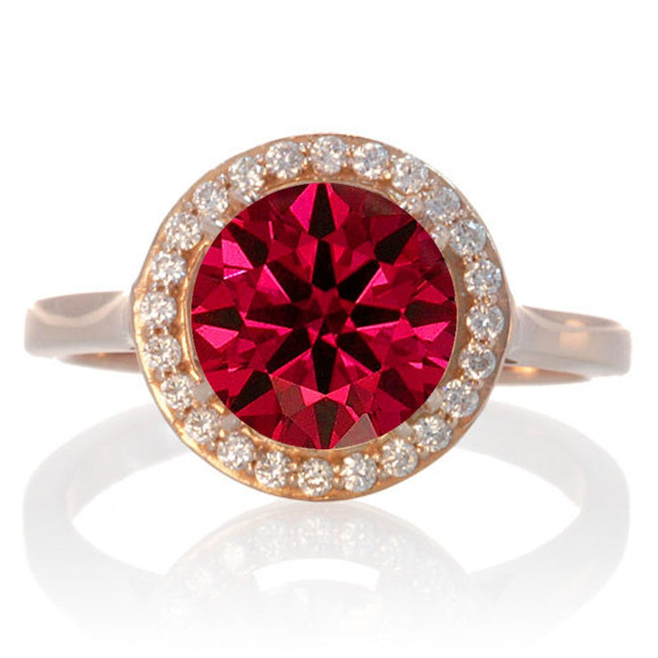 1.25 Carat Round Halo Classic Moissanite Diamond and Ruby Engagement Ring on 10 Rose Gold