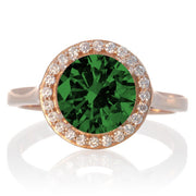 1.25 Carat Round Halo Classic Moissanite Diamond and Emerald Engagement Ring on 10 Rose Gold