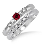 1.25 Carat Ruby Elegant 5 stone Bridal Set on 10k White Gold