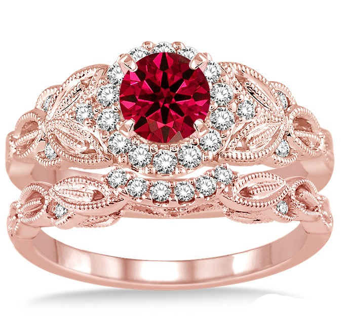 1.25 Carat Ruby Vintage floral Bridal Set Engagement Ring on 10k Rose Gold