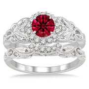 1.25 Carat Ruby Vintage floral Bridal Set Engagement Ring on 10k White Gold