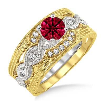 1.25 Carat Ruby Vintage Trio Bridal Set Engagement Ring on 10k White Gold