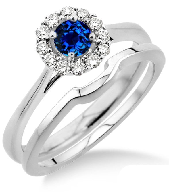 1.25 Carat Sapphire and Moissanite Diamond Bridal set Halo on 10k White Gold