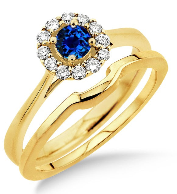 1.25 Carat Sapphire and Moissanite Diamond Bridal set Halo on 10k Yellow Gold