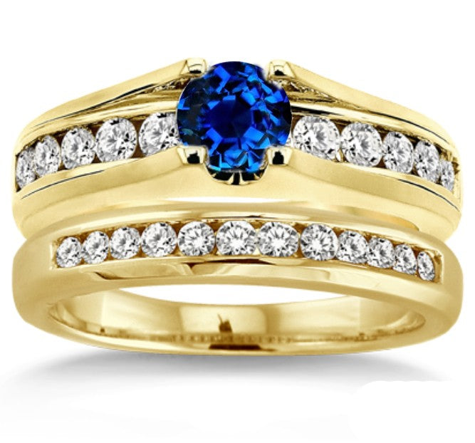 1.25 Carat Sapphire and Moissanite Diamond Bridal Set on 10k Yellow Gold