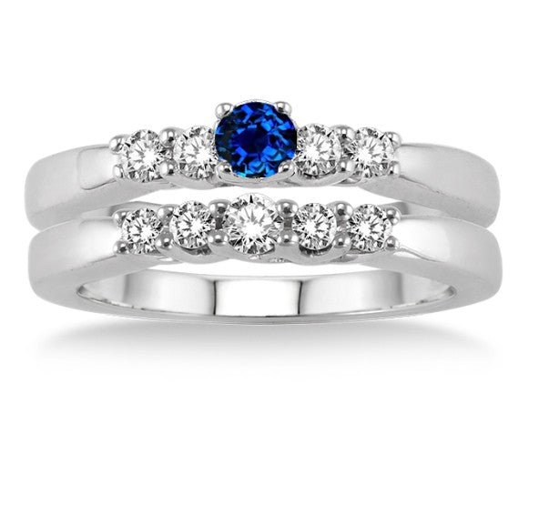 1.25 Carat Sapphire and Moissanite Diamond Elegant 5 stone Bridal Set on 10k White Gold