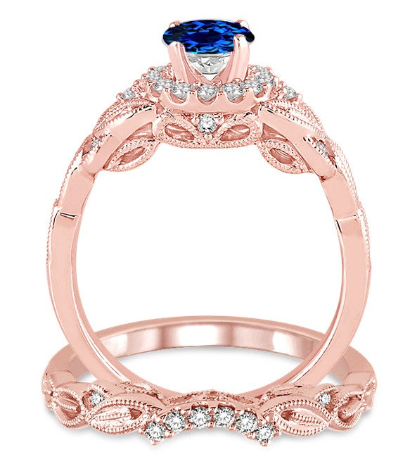 1.25 Carat Sapphire and Moissanite Diamond Vintage floral Bridal Set Engagement Ring on 10k Rose Gold