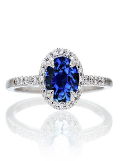 1.5 Carat Round Cut Sapphire Halo Classic Diamond Engagement Ring on 10k White Gold