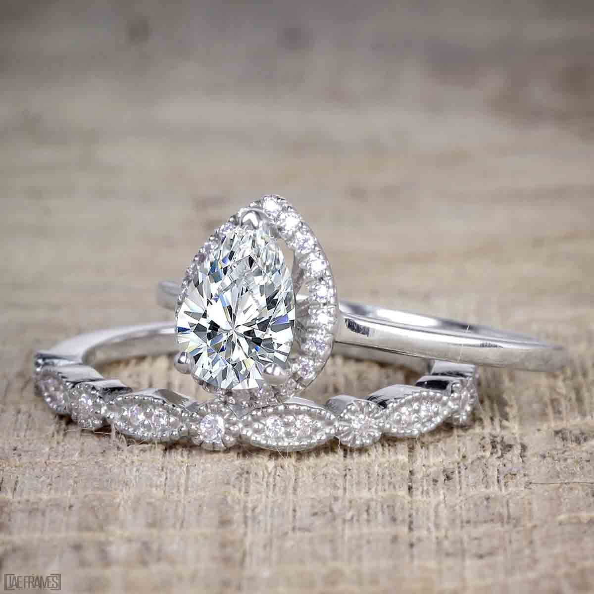 Pear Cut Carat Halo Wedding Ring Set Moissanite Diamond