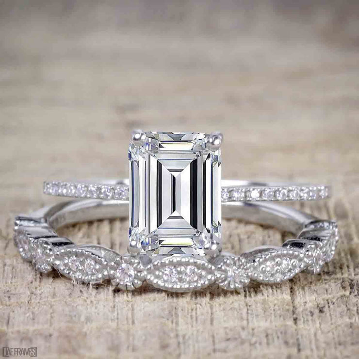 Emerald cut Moissanite and Diamond Wedding Bridal Ring Set with 1.25 Ct 
