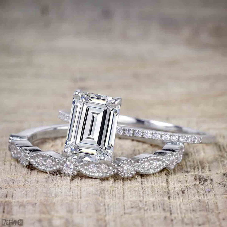Emerald cut Moissanite and Diamond Wedding Bridal Ring Set with 1.25 Ct 
