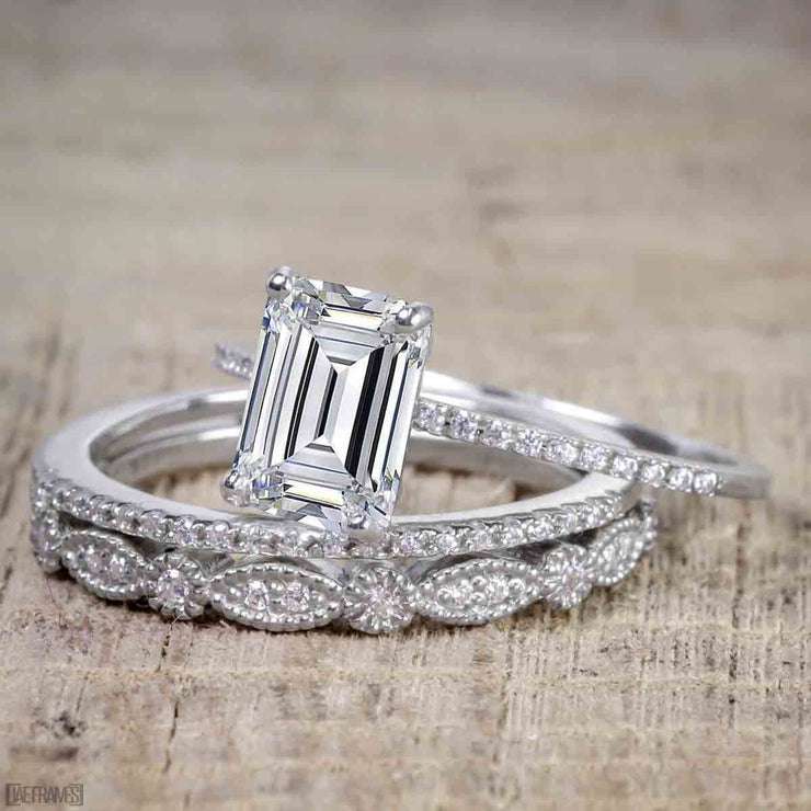1.50 Carat Moissanite & Diamond Trio Bridal Ring Set in Emerald cut