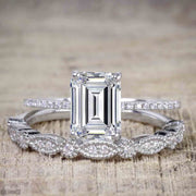 1.50 Carat Moissanite & Diamond Trio Bridal Ring Set in Emerald cut and 10k White Gold
