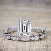 1.50 Carat Moissanite & Diamond Trio Bridal Ring Set in Emerald cut