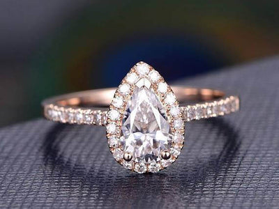 Classic Pear cut Halo 1.50 Ct Moissanite &  Diamond Engagement Ring in Rose Gold
