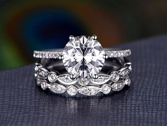 Art Deco 2 ct Moissanite and Diamond Trio Wedding Ring Set in 10K White Gold 