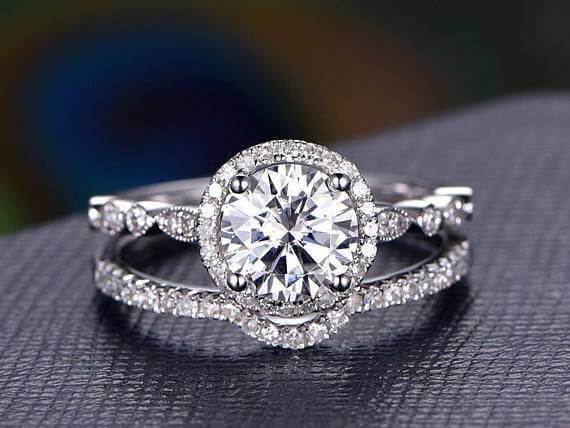 2 Carat Halo Moissanite and Diamond Bridal Ring Set 