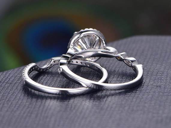 2 Carat Halo Moissanite and Diamond Bridal Ring Set 