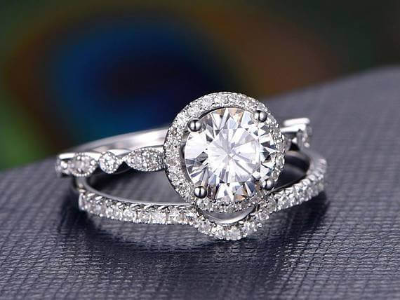 2 Carat Halo Moissanite and Diamond Bridal Ring Set in 10k White Gold
