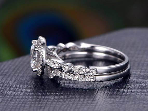 2 Carat Halo Moissanite and Diamond Bridal Ring Set in 10k White Gold
