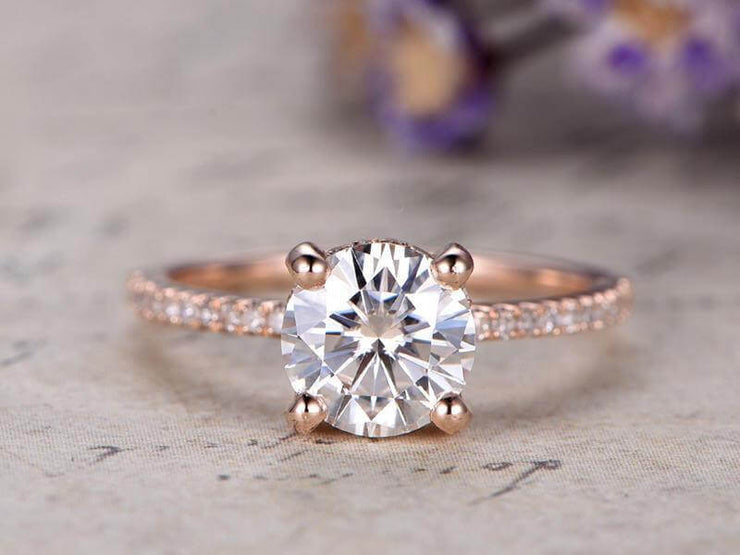 1.25 Carat Solitaire Moissanite and Diamond Engagement Ring in Rose Gold
