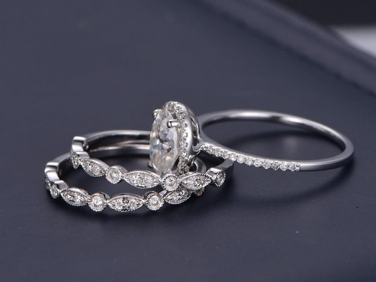 Popular 2.25 Carat Moissanite & Diamond Engagement Trio Ring Set in White Gold
