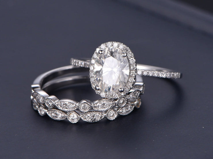 Popular 2.25 Carat Moissanite & Diamond Engagement Trio Ring Set in White Gold
