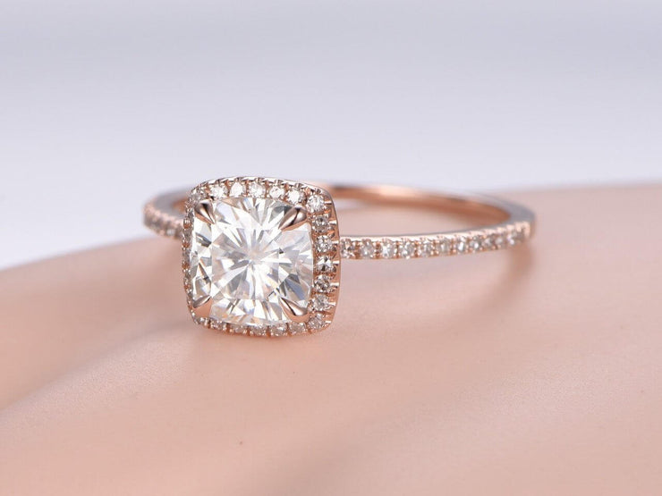 Cushion Cut 1.50 Carat Halo Moissanite and Diamond Wedding Ring in Rose Gold
