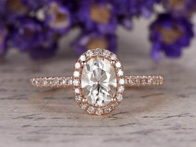 Classic Oval Cut 1.50 Ct Moissanite and Diamond Halo Wedding Ring in Rose Gold
