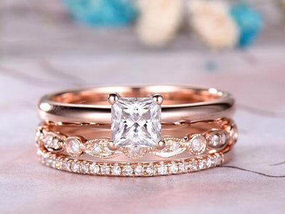 Vintage 2 ct Moissanite & Diamond Trio Wedding Ring Set 