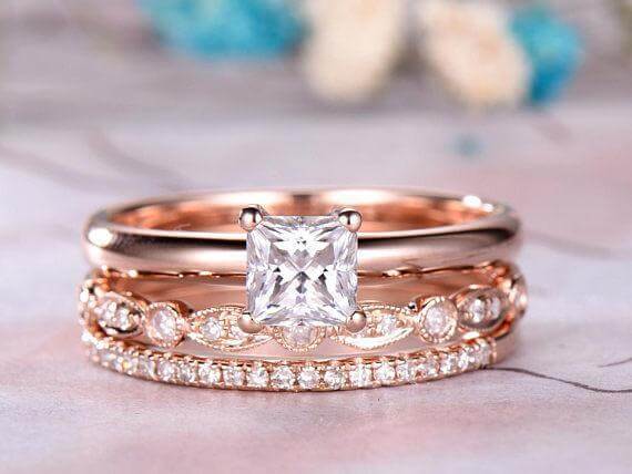 Vintage 2 ct Moissanite & Diamond Trio Wedding Ring Set in Rose Gold
