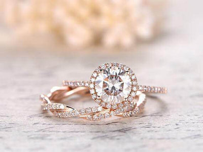 Art deco 1.50 Carat Halo Moissanite & Diamond Wedding Ring Set 