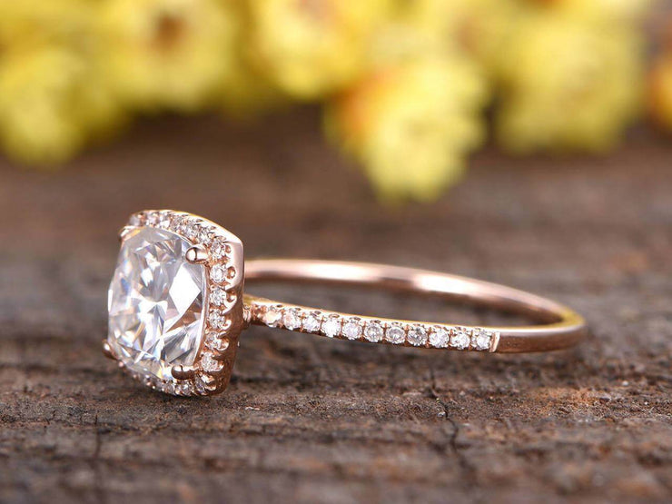 Antique 1.25 Carat Moissanite and Diamond Ring with Cushion Cut in 10k Rose Gold
