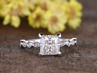 Vintage Design 1.25 Ct Moissanite and Diamond Engagement Ring in 10k White Gold
