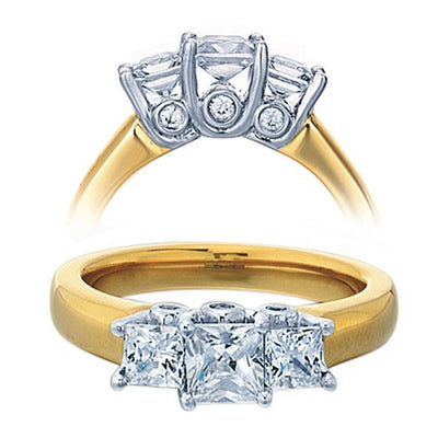 Diamond Moissanite Engagement Ring 1.50 Carat Three Stone Princess Cut for Her in 10k Yellow Gold