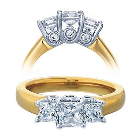 Diamond and Moissanite Engagement Ring 1.50 Carat Three Stone Princess Cut for Her in Sterling Silver with Yellow Gold Plating