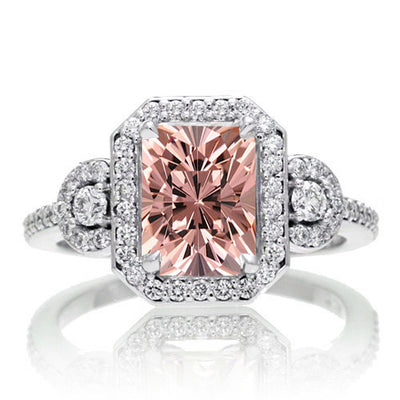 2 Carat Emerald Cut Morganite Halo Engagement Ring on 10k White Gold