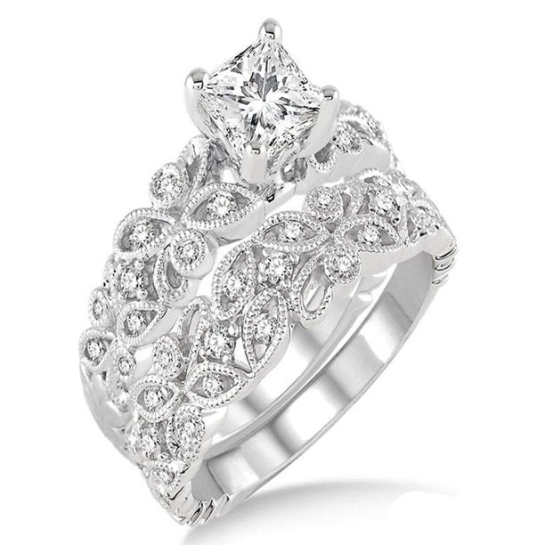 1.00 Carat Infinity Floral Antique Bridal set in Princess cut diamond in 10k white gold