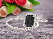 1.75 Carat Emerald Cut Wedding Set Black Diamond Moissanite Engagement Ring With Matching Band On 10k White Gold