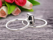 1.75 Carat Emerald Cut Wedding Set Black Diamond Moissanite Engagement Ring With Matching Band On 10k White Gold
